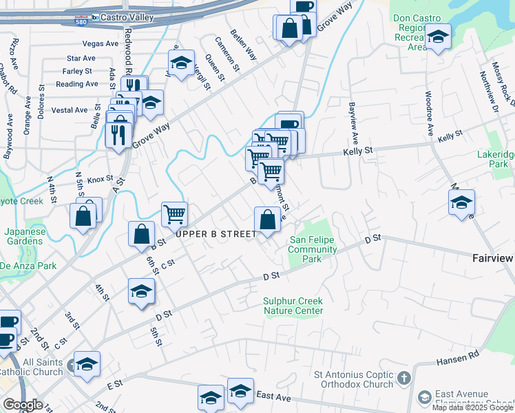 map of restaurants, bars, coffee shops, grocery stores, and more near 1852 Cedar Street in Hayward