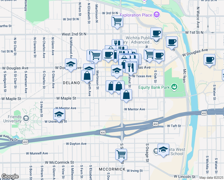 map of restaurants, bars, coffee shops, grocery stores, and more near 313 South Dodge Avenue in Wichita