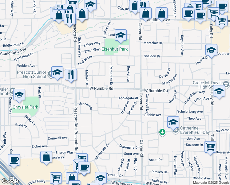 map of restaurants, bars, coffee shops, grocery stores, and more near 2821 Monte Bella Court in Modesto