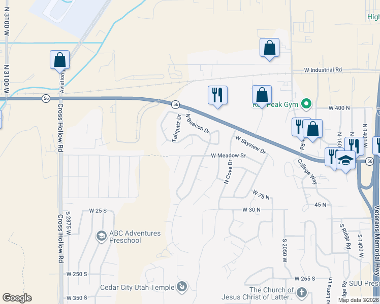 map of restaurants, bars, coffee shops, grocery stores, and more near 2432 West Meadow Street in Cedar City