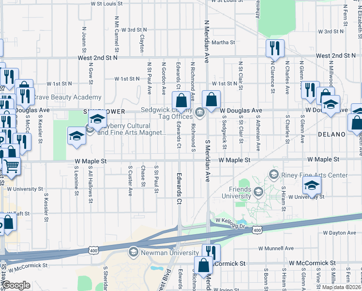 map of restaurants, bars, coffee shops, grocery stores, and more near 225 South Edwards Street in Wichita