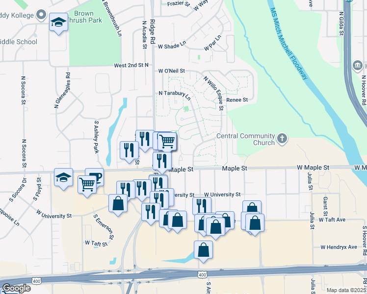 map of restaurants, bars, coffee shops, grocery stores, and more near 7014 West Sheriac Circle in Wichita