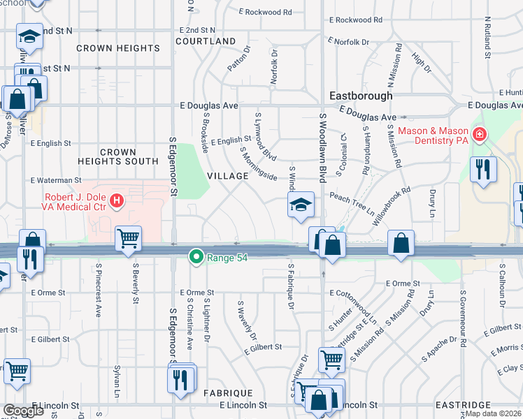 map of restaurants, bars, coffee shops, grocery stores, and more near 403 Courtleigh Street in Wichita