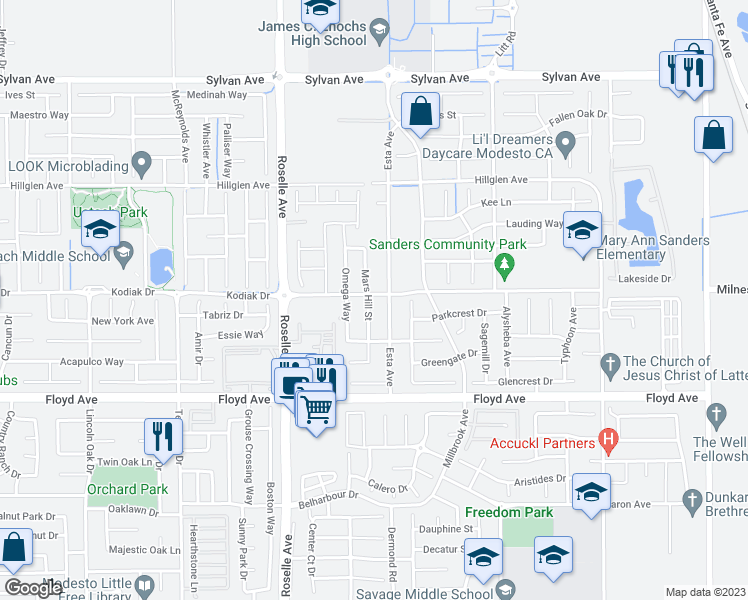 map of restaurants, bars, coffee shops, grocery stores, and more near 2912 Mars Hills Street in Modesto