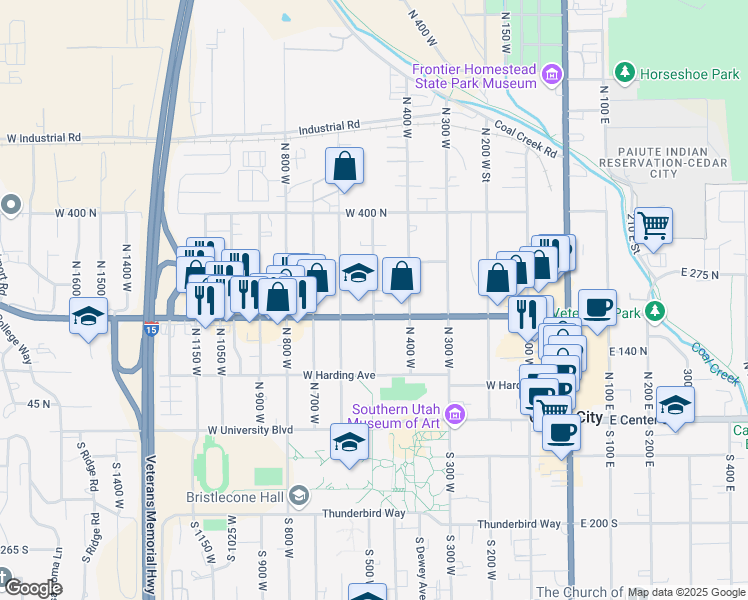 map of restaurants, bars, coffee shops, grocery stores, and more near 234 North 500 West in Cedar City