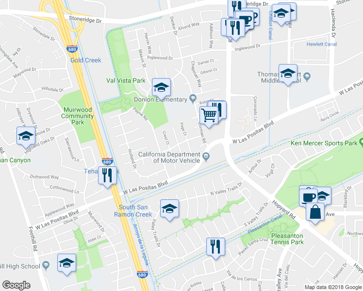 map of restaurants, bars, coffee shops, grocery stores, and more near 3987 Empire Court in Pleasanton