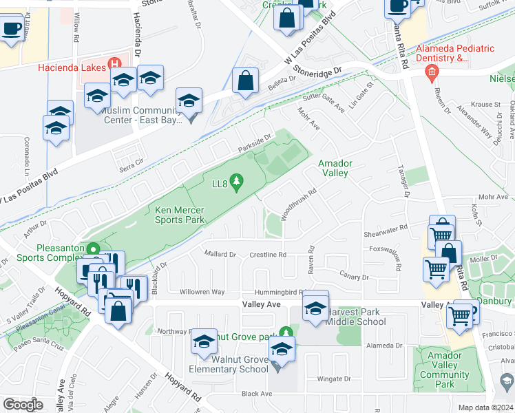 map of restaurants, bars, coffee shops, grocery stores, and more near 2583 Skimmer Court in Pleasanton