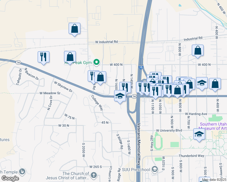 map of restaurants, bars, coffee shops, grocery stores, and more near 1600 West 200 North in Cedar City