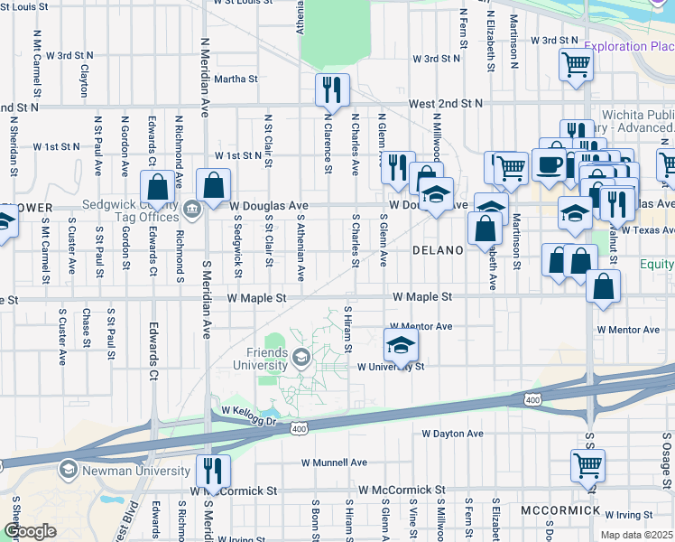 map of restaurants, bars, coffee shops, grocery stores, and more near 220 South Clarence Street in Wichita
