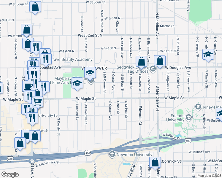 map of restaurants, bars, coffee shops, grocery stores, and more near 216 South Mount Carmel Street in Wichita