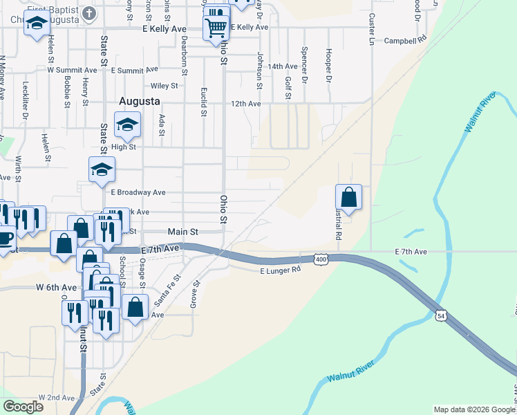 map of restaurants, bars, coffee shops, grocery stores, and more near 438 East Clark Avenue in Augusta