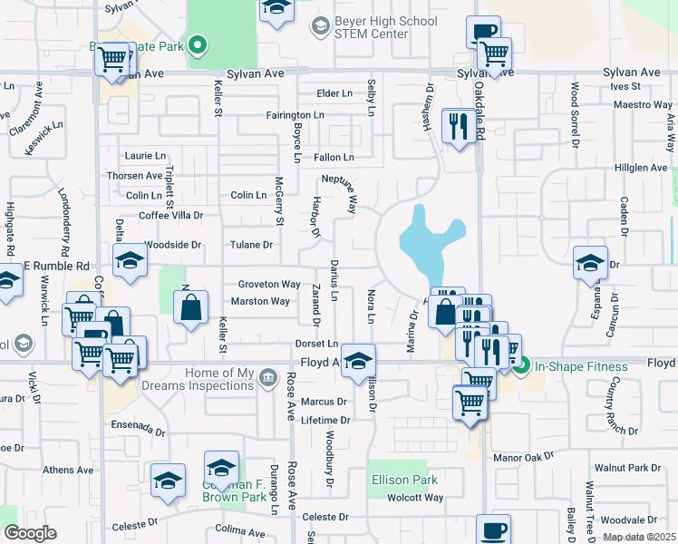 map of restaurants, bars, coffee shops, grocery stores, and more near 1912 East Rumble Road in Modesto