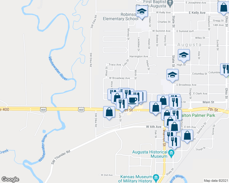 map of restaurants, bars, coffee shops, grocery stores, and more near 750 West Clark Avenue in Augusta