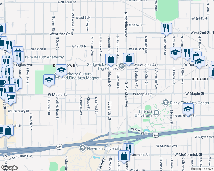 map of restaurants, bars, coffee shops, grocery stores, and more near 225 S Edwards St in Wichita