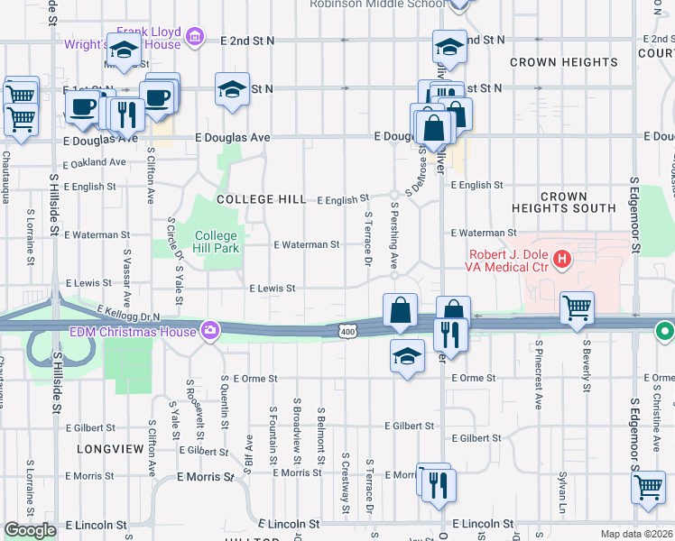 map of restaurants, bars, coffee shops, grocery stores, and more near 333 South Crestway Street in Wichita