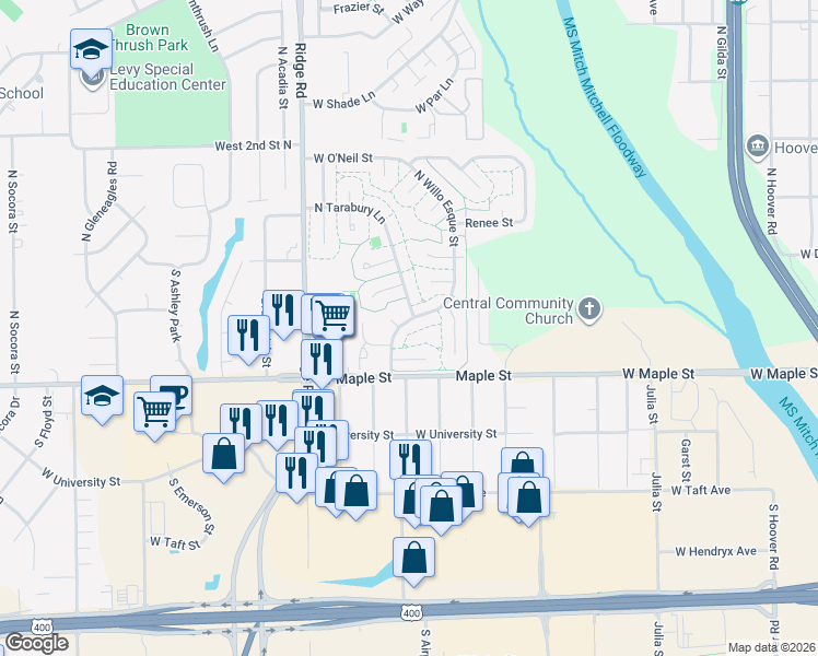 map of restaurants, bars, coffee shops, grocery stores, and more near 240 South Willo Esque Street in Wichita