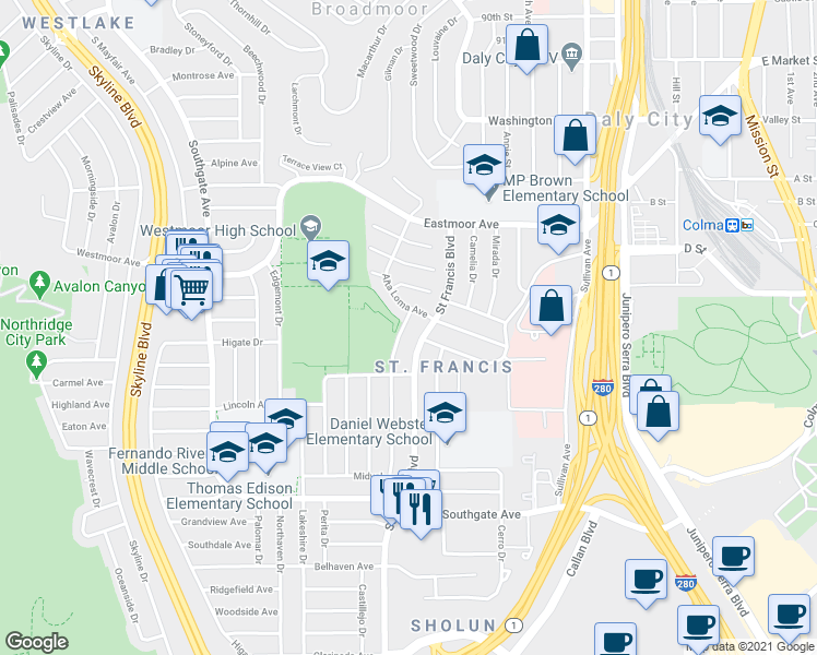 map of restaurants, bars, coffee shops, grocery stores, and more near 125 Del Prado Drive in Daly City