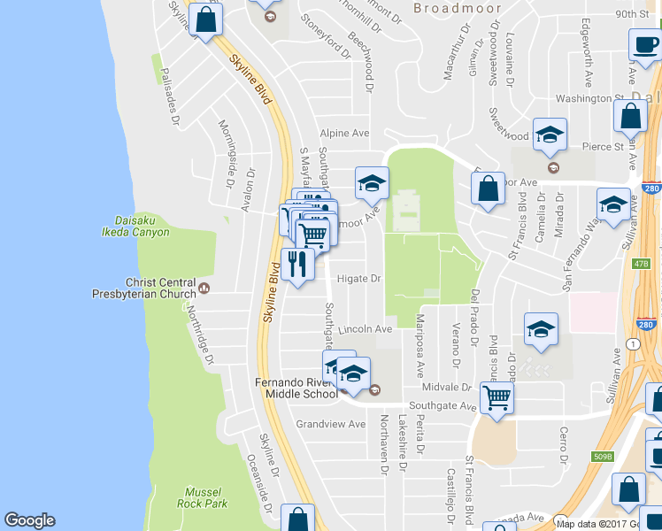 map of restaurants, bars, coffee shops, grocery stores, and more near 1077 Southgate Avenue in Daly City
