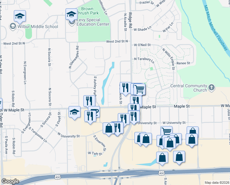 map of restaurants, bars, coffee shops, grocery stores, and more near 201-217 Brunswick Street in Wichita