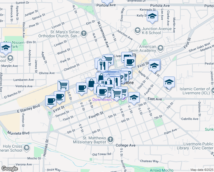 map of restaurants, bars, coffee shops, grocery stores, and more near 99 South L Street in Livermore