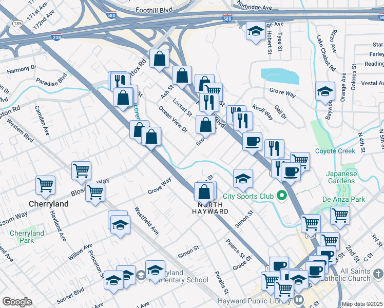 map of restaurants, bars, coffee shops, grocery stores, and more near 1129 Grove Way in Hayward