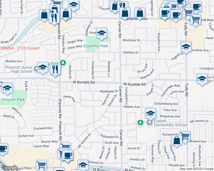 map of restaurants, bars, coffee shops, grocery stores, and more near 1805 Hunt Avenue in Modesto