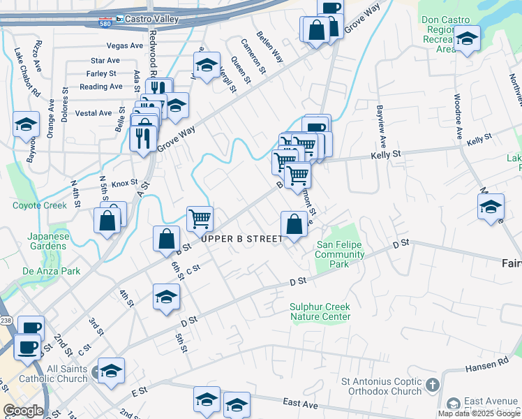 map of restaurants, bars, coffee shops, grocery stores, and more near 22620 Linden Street in Hayward