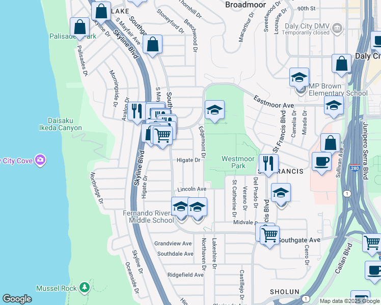 map of restaurants, bars, coffee shops, grocery stores, and more near 80 Huntington Drive in Daly City