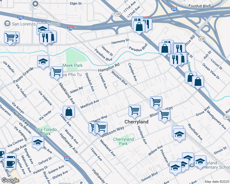 map of restaurants, bars, coffee shops, grocery stores, and more near 344 Medford Avenue in Hayward