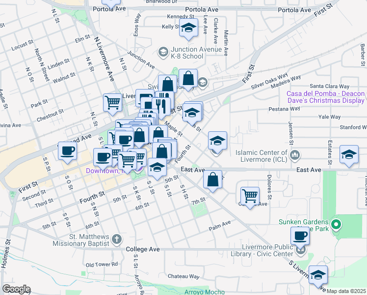 map of restaurants, bars, coffee shops, grocery stores, and more near 2542 Fourth Street in Livermore