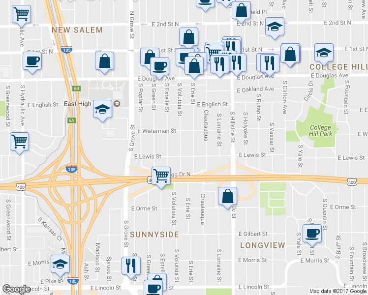map of restaurants, bars, coffee shops, grocery stores, and more near 342 South Volutsia Street in Wichita