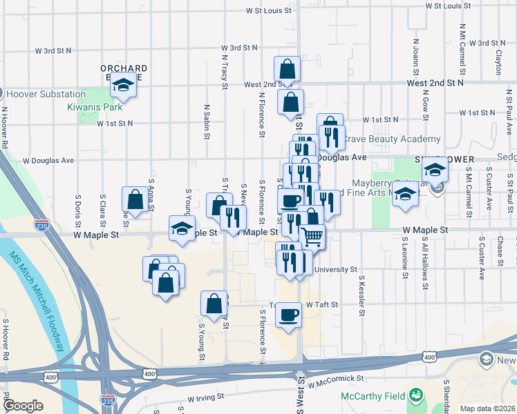 map of restaurants, bars, coffee shops, grocery stores, and more near 229 South Florence Street in Wichita