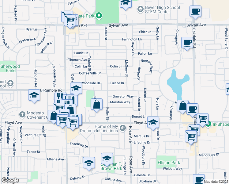 map of restaurants, bars, coffee shops, grocery stores, and more near 1614 East Rumble Road in Modesto