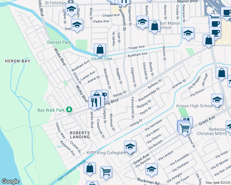 map of restaurants, bars, coffee shops, grocery stores, and more near 15393 Inverness Street in San Leandro