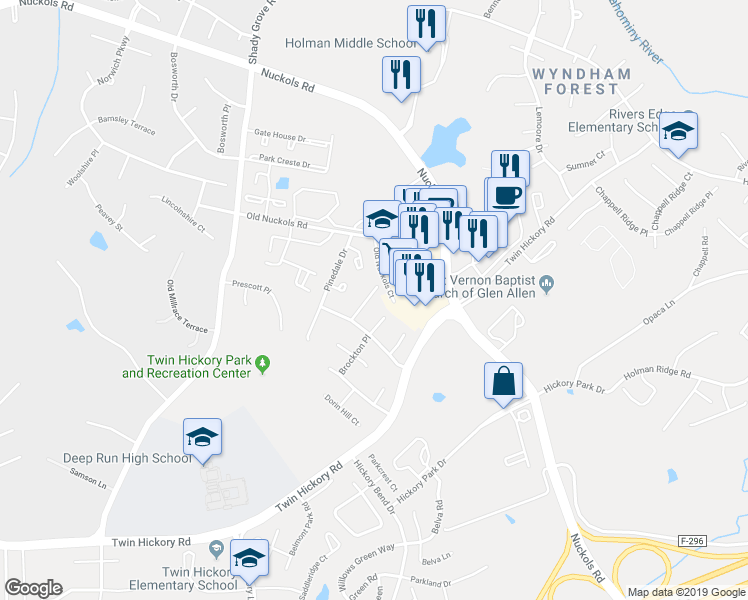 map of restaurants, bars, coffee shops, grocery stores, and more near 11417 Alder Glen Way in Glen Allen