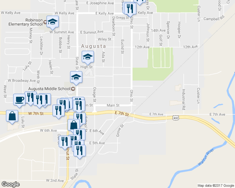 map of restaurants, bars, coffee shops, grocery stores, and more near 310 East Clark Avenue in Augusta