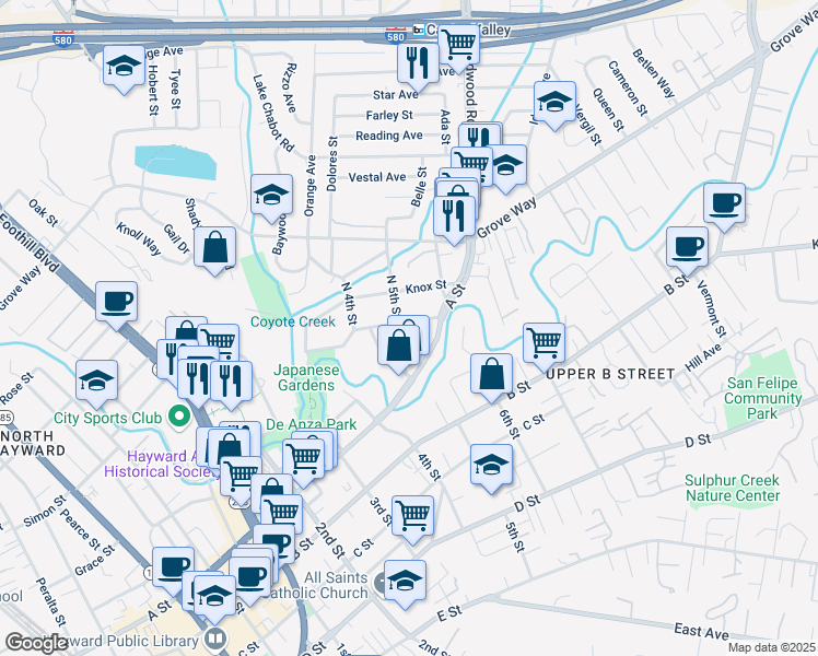 map of restaurants, bars, coffee shops, grocery stores, and more near 1711 Crescent Avenue in Castro Valley