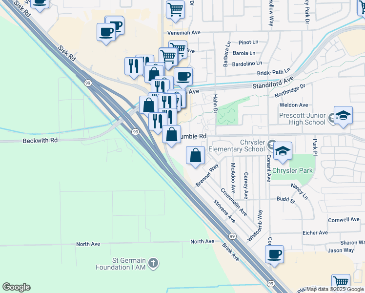 map of restaurants, bars, coffee shops, grocery stores, and more near 2900 West Rumble Road in Modesto