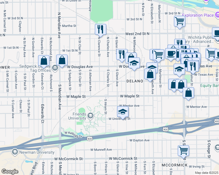 map of restaurants, bars, coffee shops, grocery stores, and more near 222 South Charles Street in Wichita