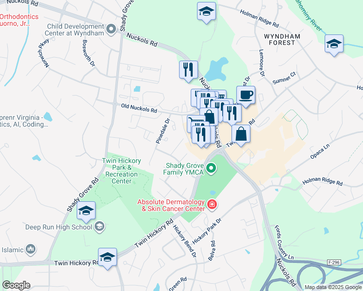 map of restaurants, bars, coffee shops, grocery stores, and more near 11417 Alder Glen Way in Glen Allen