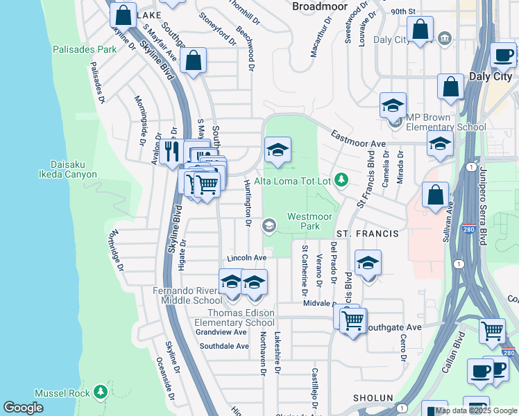 map of restaurants, bars, coffee shops, grocery stores, and more near 78 Edgemont Drive in Daly City