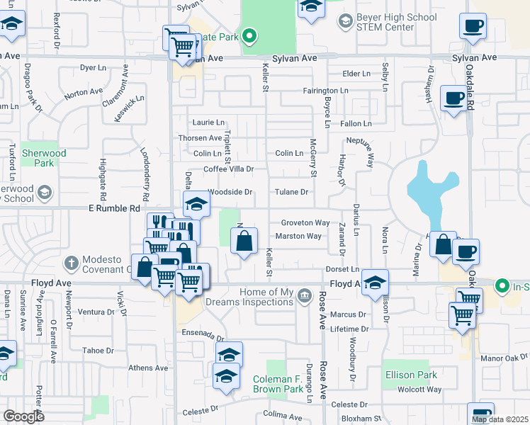 map of restaurants, bars, coffee shops, grocery stores, and more near 2921 Keller Street in Modesto