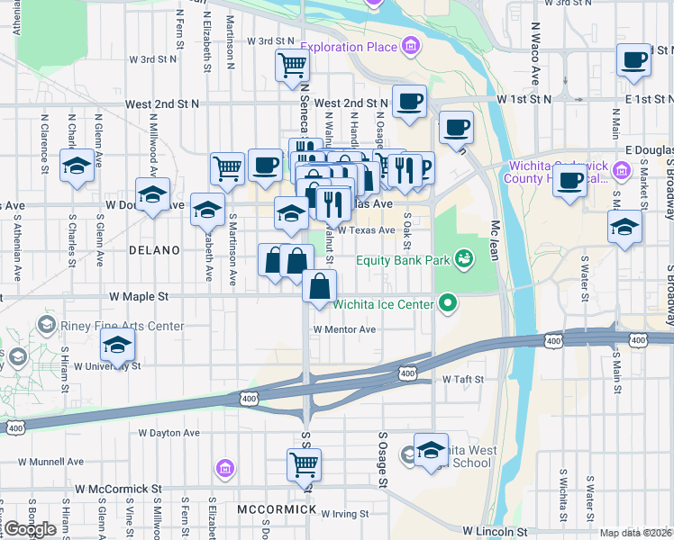 map of restaurants, bars, coffee shops, grocery stores, and more near 316 South Walnut Street in Wichita