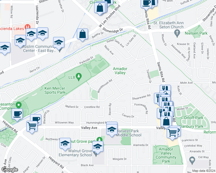 map of restaurants, bars, coffee shops, grocery stores, and more near 4923 Blackbird Way in Pleasanton