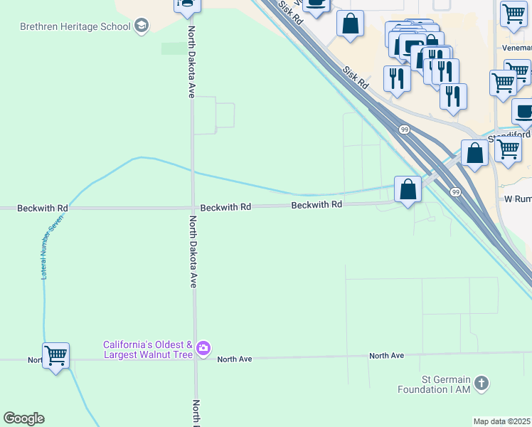 map of restaurants, bars, coffee shops, grocery stores, and more near 3730 Beckwith Road in Modesto
