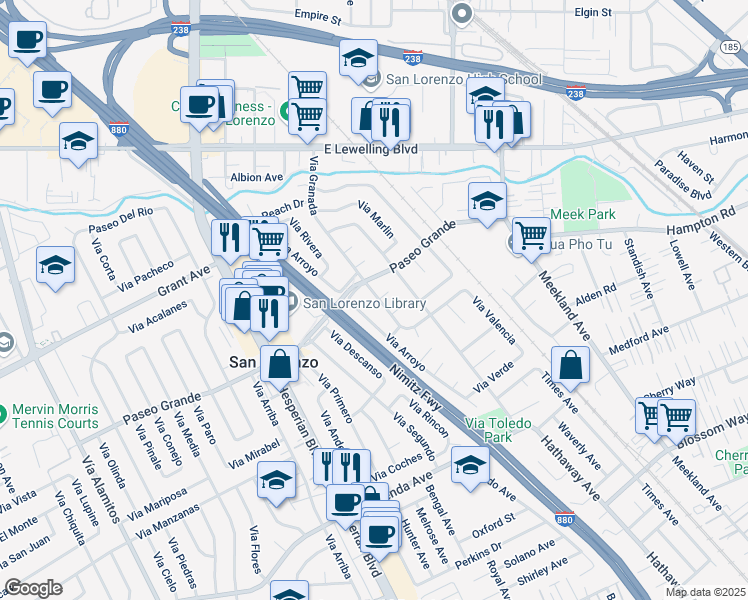 map of restaurants, bars, coffee shops, grocery stores, and more near 16023 Via Granada in San Lorenzo