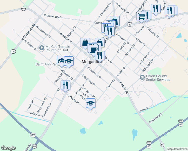 map of restaurants, bars, coffee shops, grocery stores, and more near 200-298 East Obannon Street in Morganfield