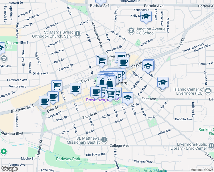 map of restaurants, bars, coffee shops, grocery stores, and more near 2106 First Street in Livermore