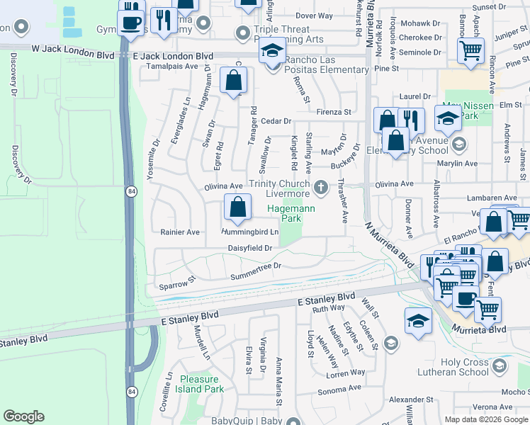 map of restaurants, bars, coffee shops, grocery stores, and more near 249 Flicker Court in Livermore