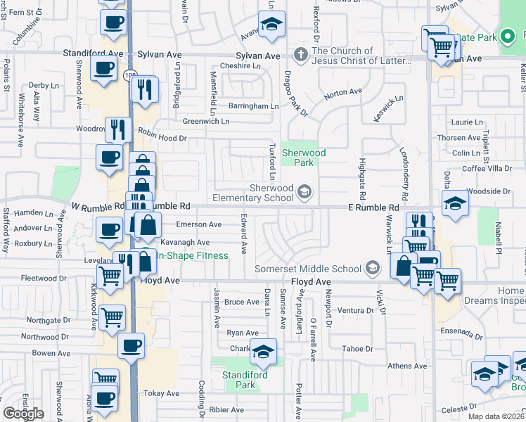 map of restaurants, bars, coffee shops, grocery stores, and more near 604 West Rumble Road in Modesto